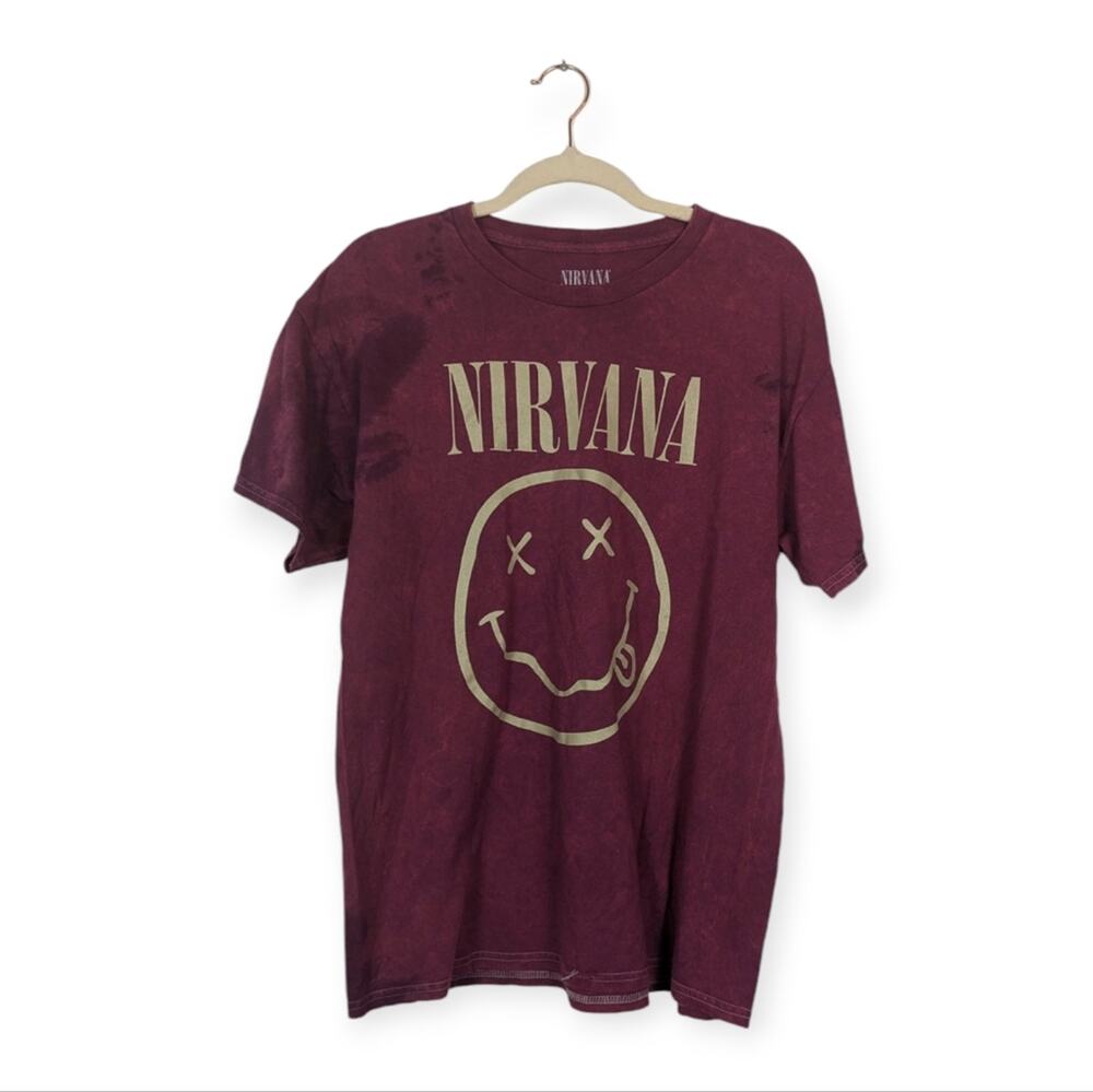 Nirvana Nevermind Smiley Tee L Maroon Tie Dye Graphic Band Grunge Rock